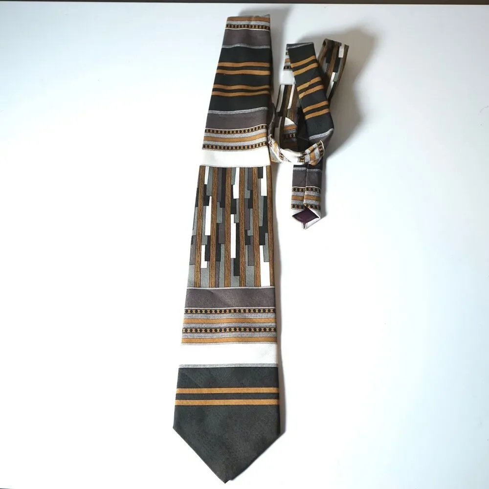 Pierre Balmain Extra Long Neck Tie European Fabric Geometric Art Deco Brown